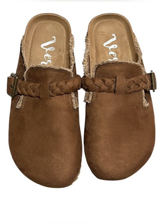 Very G Shoes - Very G Brown Suede Braided Buckle Slide Clogs